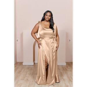 Revelry Stevie Satin Honey Beige 744 Champagne Maxi bow Shoulder Dress